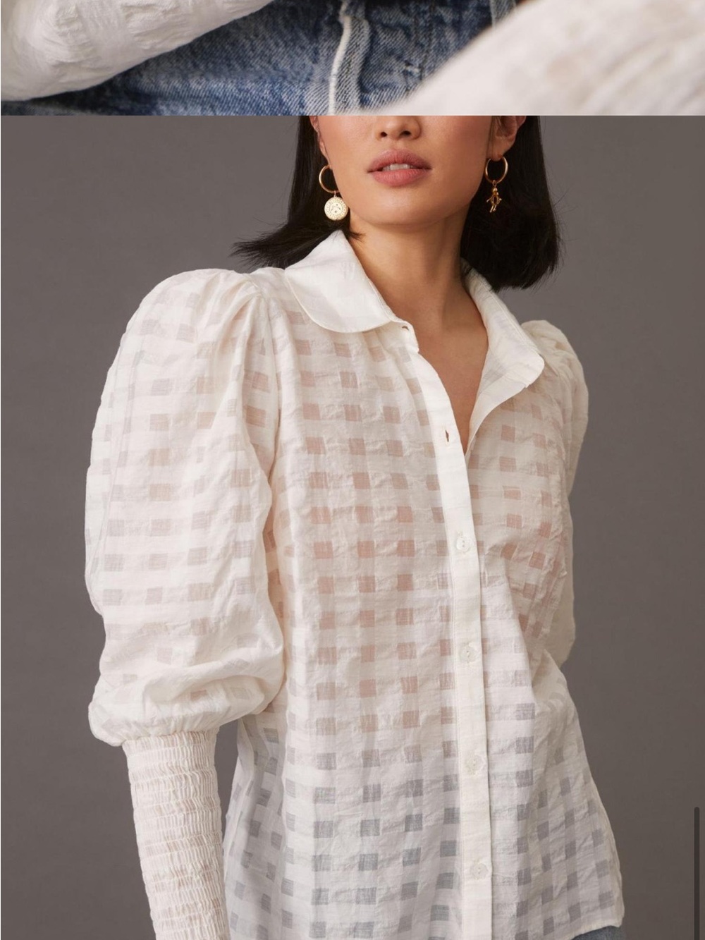 Mauve by Anthropologie White Sheer Gingham Puff-Sleeve Button-Down